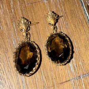 Vintage 14k Gold and Dark Citrine Oval Drop Earrings